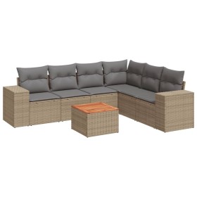 vidaXL 7-tlg. Garten-Sofagarnitur mit Kissen Beige Poly Rattan