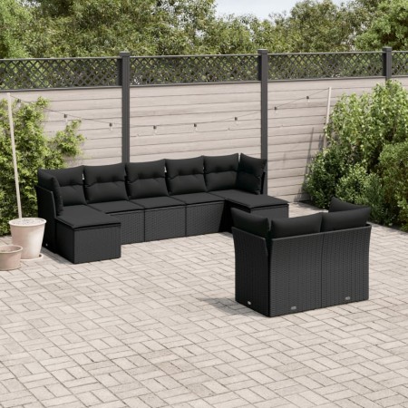 vidaXL 9-tlg. Garten-Sofagarnitur mit Kissen Schwarz Poly Rattan