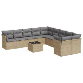 vidaXL 11-tlg. Garten-Sofagarnitur mit Kissen Beige Poly Rattan