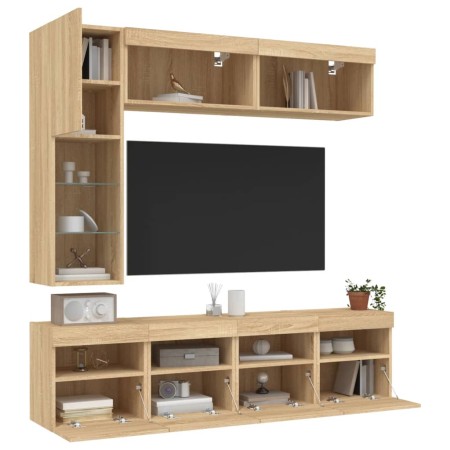 vidaXL 7-tlg. TV-Wohnwand mit LED-Leuchten Sonoma-Eiche