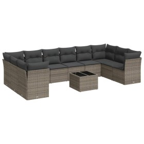 vidaXL 11-tlg. Garten-Sofagarnitur mit Kissen Grau Poly Rattan