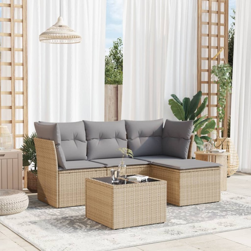 vidaXL 5-tlg. Garten-Sofagarnitur mit Kissen Beige Poly Rattan vidaXL 5-tlg. Garten-Sofagarnitur mit Kissen Beige Poly Rattan