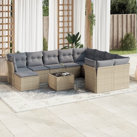 vidaXL 11-tlg. Garten-Sofagarnitur mit Kissen Beige Poly Rattan