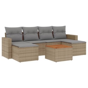 vidaXL 7-tlg. Garten-Sofagarnitur mit Kissen Beige Poly Rattan