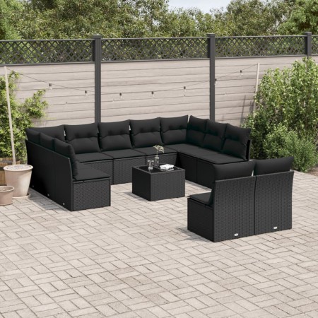 vidaXL 12-tlg. Garten-Sofagarnitur mit Kissen Schwarz Poly Rattan