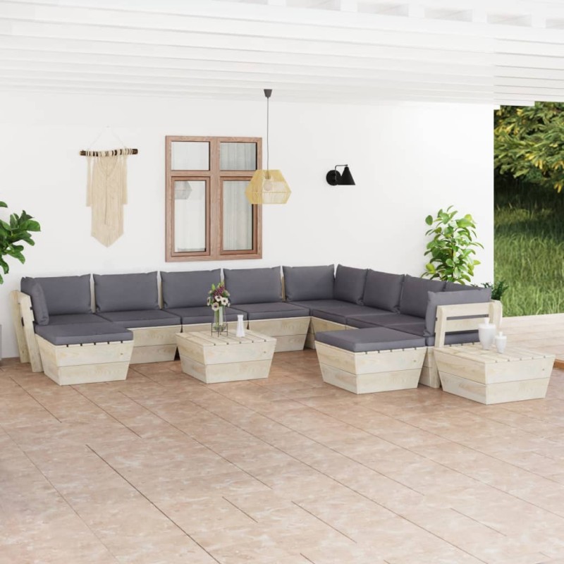 12-tlg. Garten-Sofagarnitur aus Paletten mit Kissen Fichtenholz 12-tlg. Garten-Sofagarnitur aus Paletten mit Kissen Fichtenholz