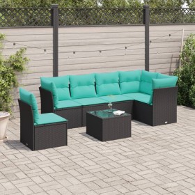 vidaXL 7-tlg. Garten-Sofagarnitur mit Kissen Schwarz Poly Rattan