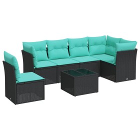 vidaXL 7-tlg. Garten-Sofagarnitur mit Kissen Schwarz Poly Rattan