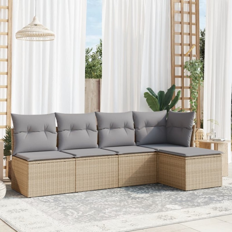 vidaXL 5-tlg. Garten-Sofagarnitur mit Kissen Beige Poly Rattan vidaXL 5-tlg. Garten-Sofagarnitur mit Kissen Beige Poly Rattan