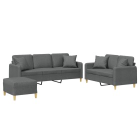 vidaXL 3-tlg. Sofagarnitur mit Kissen Dunkelgrau Stoff