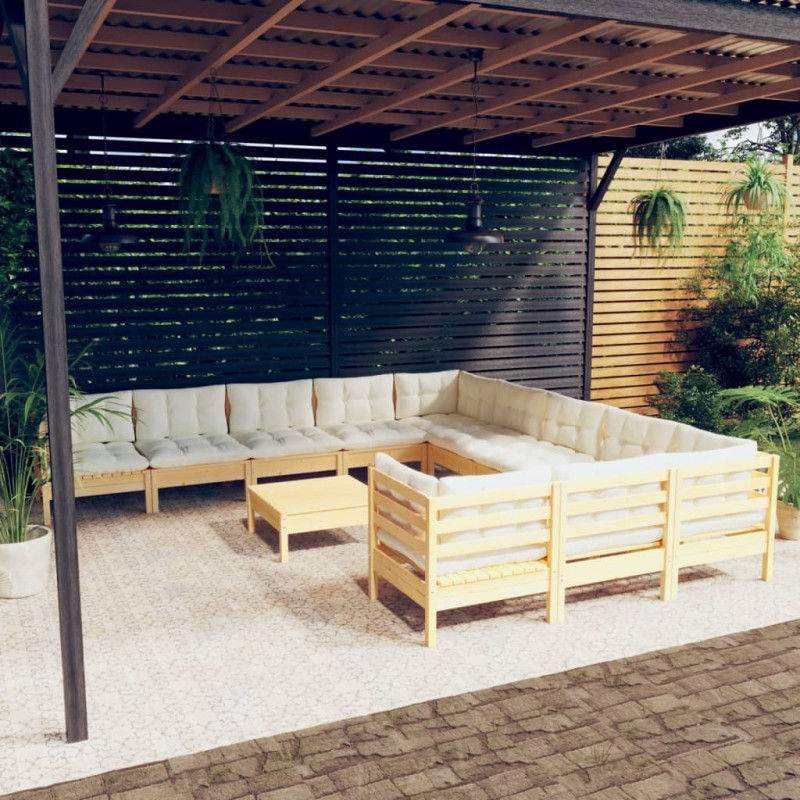 vidaXL 12-tlg. Garten-Lounge-Set mit Creme Kissen Kiefernholz vidaXL 12-tlg. Garten-Lounge-Set mit Creme Kissen Kiefernholz