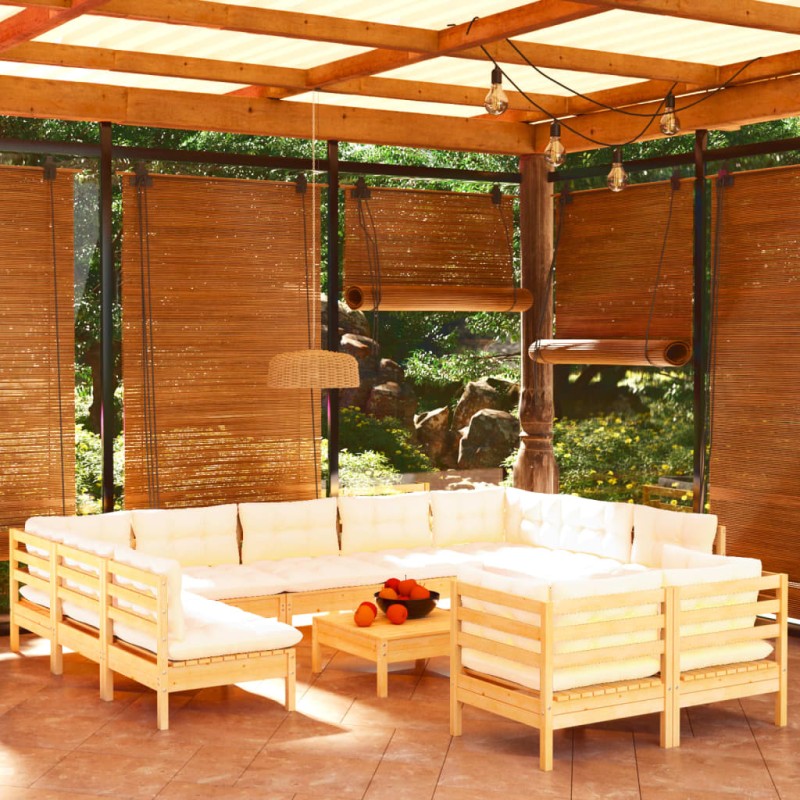 vidaXL 12-tlg. Garten-Lounge-Set mit Creme Kissen Massivholz Kiefer vidaXL 12-tlg. Garten-Lounge-Set mit Creme Kissen Massivholz Kiefer