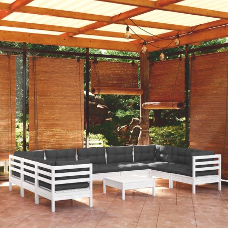 vidaXL 10-tlg. Garten-Lounge-Set mit Kissen Weiß Kiefernholz