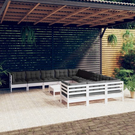 vidaXL 12-tlg. Garten-Lounge-Set mit Kissen Weiß Kiefernholz