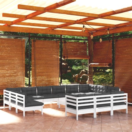 vidaXL 14-tlg. Garten-Lounge-Set mit Kissen Weiß Kiefernholz