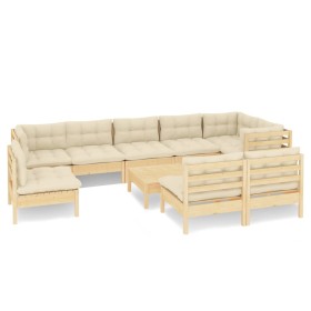 vidaXL 10-tlg. Garten-Lounge-Set mit Creme Kissen Massivholz Kiefer