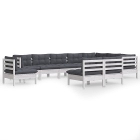 vidaXL 10-tlg. Garten-Lounge-Set mit Kissen Weiß Kiefer Massivholz