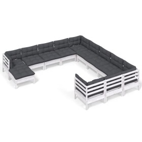 vidaXL 12-tlg. Garten-Lounge-Set mit Kissen Weiß Kiefernholz