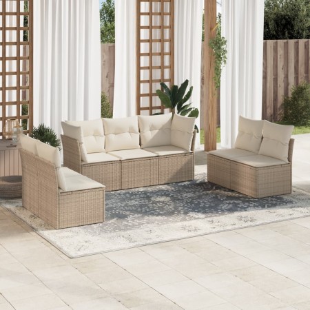 vidaXL 7-tlg. Garten-Sofagarnitur mit Kissen Beige Poly Rattan