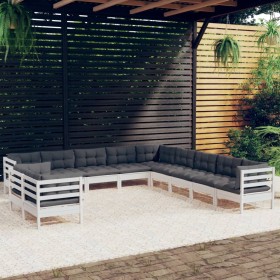 vidaXL 11-tlg. Garten-Lounge-Set mit Kissen Weiß Massivholz Kiefer