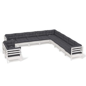vidaXL 11-tlg. Garten-Lounge-Set mit Kissen Weiß Massivholz Kiefer