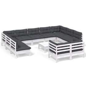 vidaXL 12-tlg. Garten-Lounge-Set mit Kissen Weiß Kiefer Massivholz