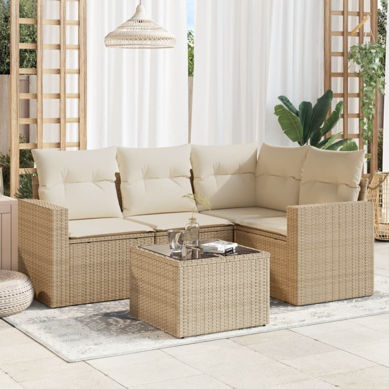 vidaXL 5-tlg. Garten-Sofagarnitur mit Kissen Beige Poly Rattan vidaXL 5-tlg. Garten-Sofagarnitur mit Kissen Beige Poly Rattan
