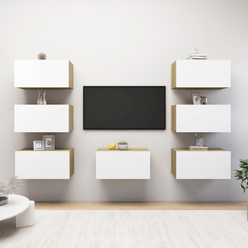 vidaXL TV-Schränke 7 Stk. Weiß Sonoma-Eiche 30,5x30x60cm Holzwerkstoff vidaXL TV-Schränke 7 Stk. Weiß Sonoma-Eiche 30,5x30x60cm Holzwerkstoff