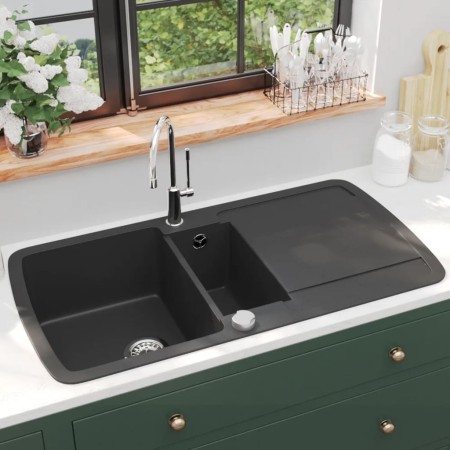 vidaXL Granit Spülbecken Doppelbecken Schwarz 