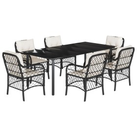 vidaXL 7-tlg. Garten-Essgruppe mit Kissen Schwarz Poly Rattan