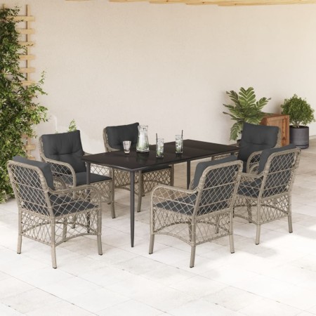 vidaXL 7-tlg. Garten-Essgruppe mit Kissen Hellgrau Poly Rattan