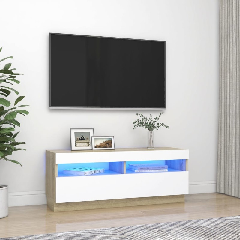 vidaXL TV-Schrank mit LED-Leuchten Weiß Sonoma-Eiche 100x35x40 cm vidaXL TV-Schrank mit LED-Leuchten Weiß Sonoma-Eiche 100x35x40 cm