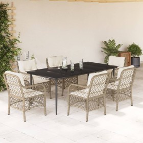vidaXL 7-tlg. Garten-Essgruppe mit Kissen Beige Poly Rattan