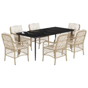 vidaXL 7-tlg. Garten-Essgruppe mit Kissen Beige Poly Rattan