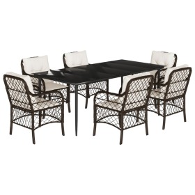 vidaXL 7-tlg. Garten-Essgruppe mit Kissen Braun Poly Rattan