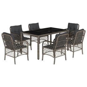 vidaXL 7-tlg. Garten-Essgruppe mit Kissen Grau Poly Rattan