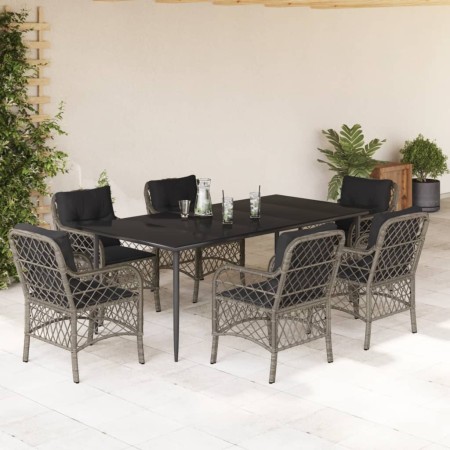 vidaXL 7-tlg. Garten-Essgruppe mit Kissen Grau Poly Rattan