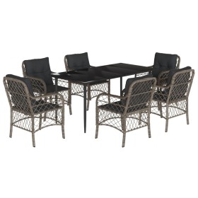 vidaXL 7-tlg. Garten-Essgruppe mit Kissen Grau Poly Rattan