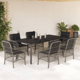 vidaXL 7-tlg. Garten-Essgruppe mit Kissen Grau Poly Rattan