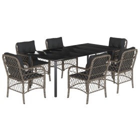 vidaXL 7-tlg. Garten-Essgruppe mit Kissen Grau Poly Rattan