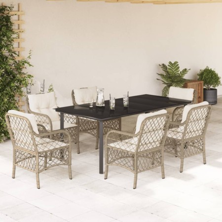 vidaXL 7-tlg. Garten-Essgruppe mit Kissen Beige Poly Rattan