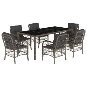 vidaXL 7-tlg. Garten-Essgruppe mit Kissen Grau Poly Rattan