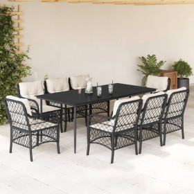 vidaXL 9-tlg. Garten-Essgruppe mit Kissen Schwarz Poly Rattan