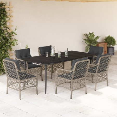 vidaXL 7-tlg. Garten-Essgruppe mit Kissen Hellgrau Poly Rattan