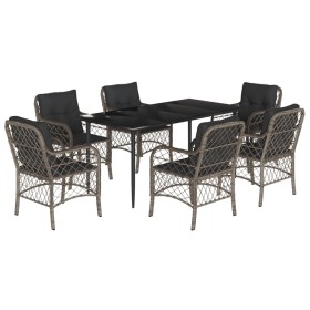 vidaXL 7-tlg. Garten-Essgruppe mit Kissen Grau Poly Rattan
