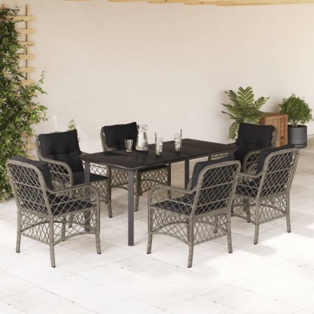 vidaXL 7-tlg. Garten-Essgruppe mit Kissen Grau Poly Rattan