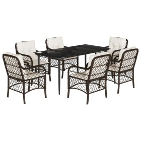 vidaXL 7-tlg. Garten-Essgruppe mit Kissen Braun Poly Rattan