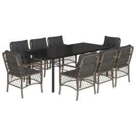 vidaXL 9-tlg. Garten-Essgruppe mit Kissen Grau Poly Rattan