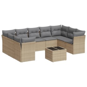 vidaXL 10-tlg. Garten-Sofagarnitur mit Kissen Beige Poly Rattan