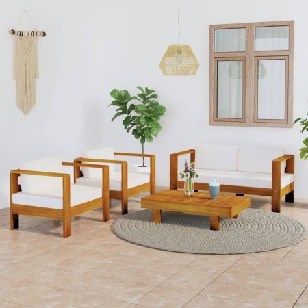 vidaXL 4-tlg. Garten-Lounge-Set mit Creme Auflagen Massivholz Akazie